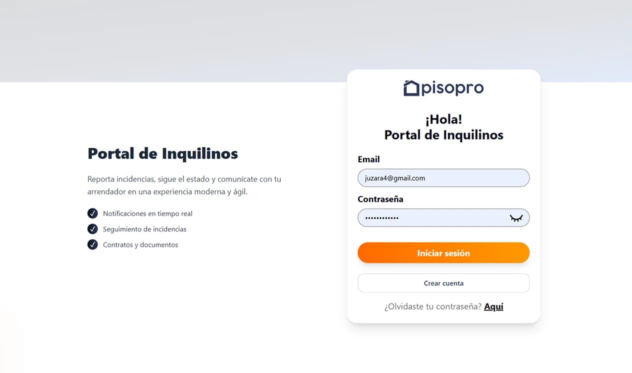 Captura de pisopro: Portal para Inquilinos: Permite que tus inquilinos reporten incidencias fácilmente