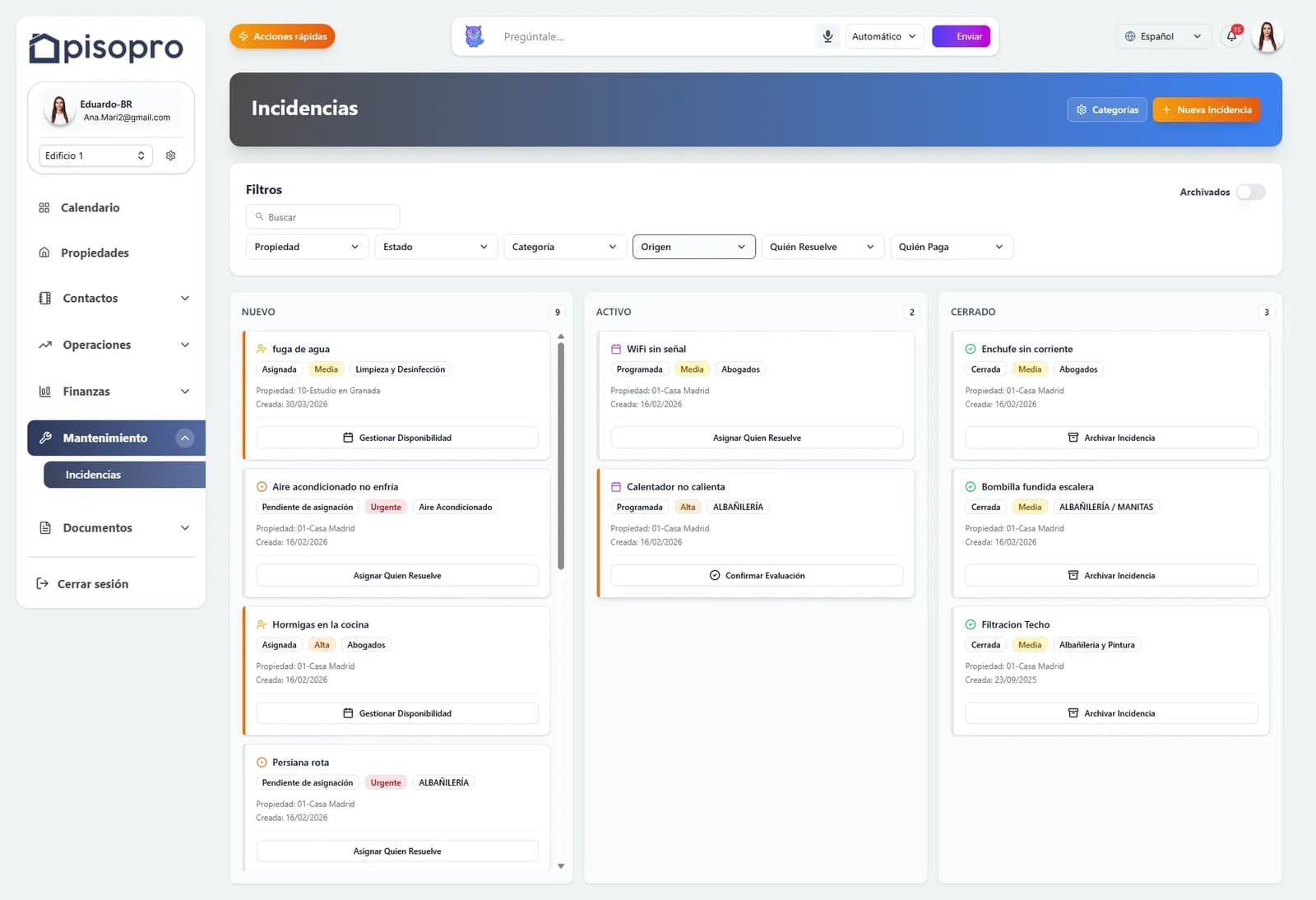 Captura de pisopro: Vista Kanban: Visualiza y organiza tus incidencias en columnas según su estado