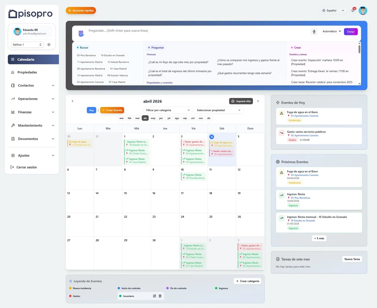 Captura de pisopro: calendario inmobiliario de pagos y visitas
