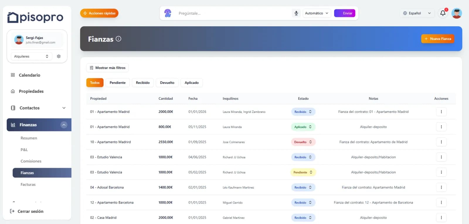 Captura de pisopro: gestión de depósitos y fianzas, gestión financiera inmobiliaria