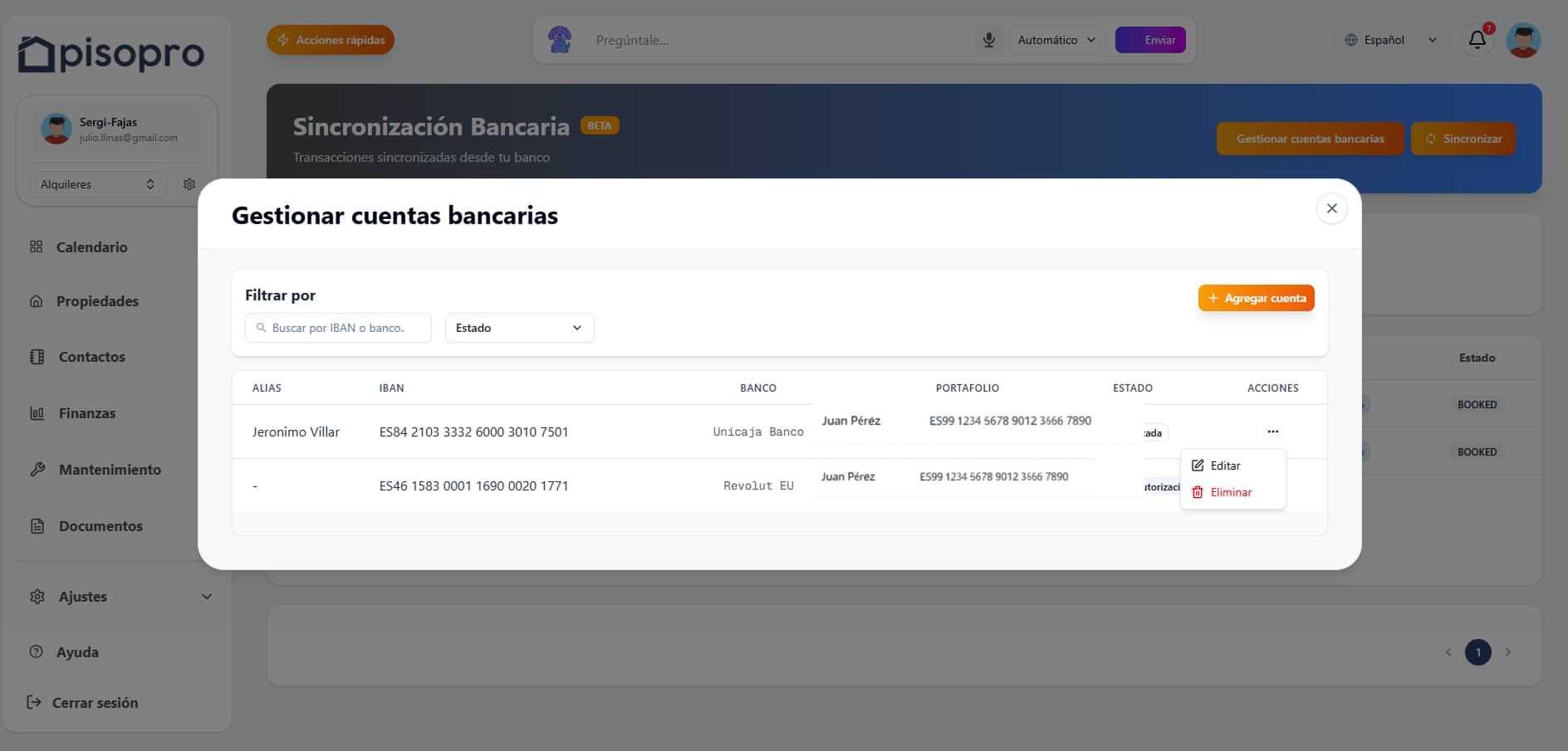 Captura de pisopro: conciliación bancaria, gestión financiera inmobiliaria