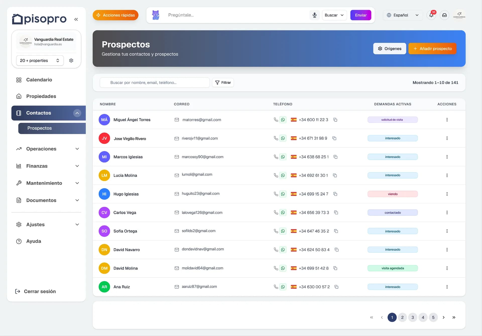 Captura de pisopro: CRM y listado de prospectos — software de gestión inmobiliaria