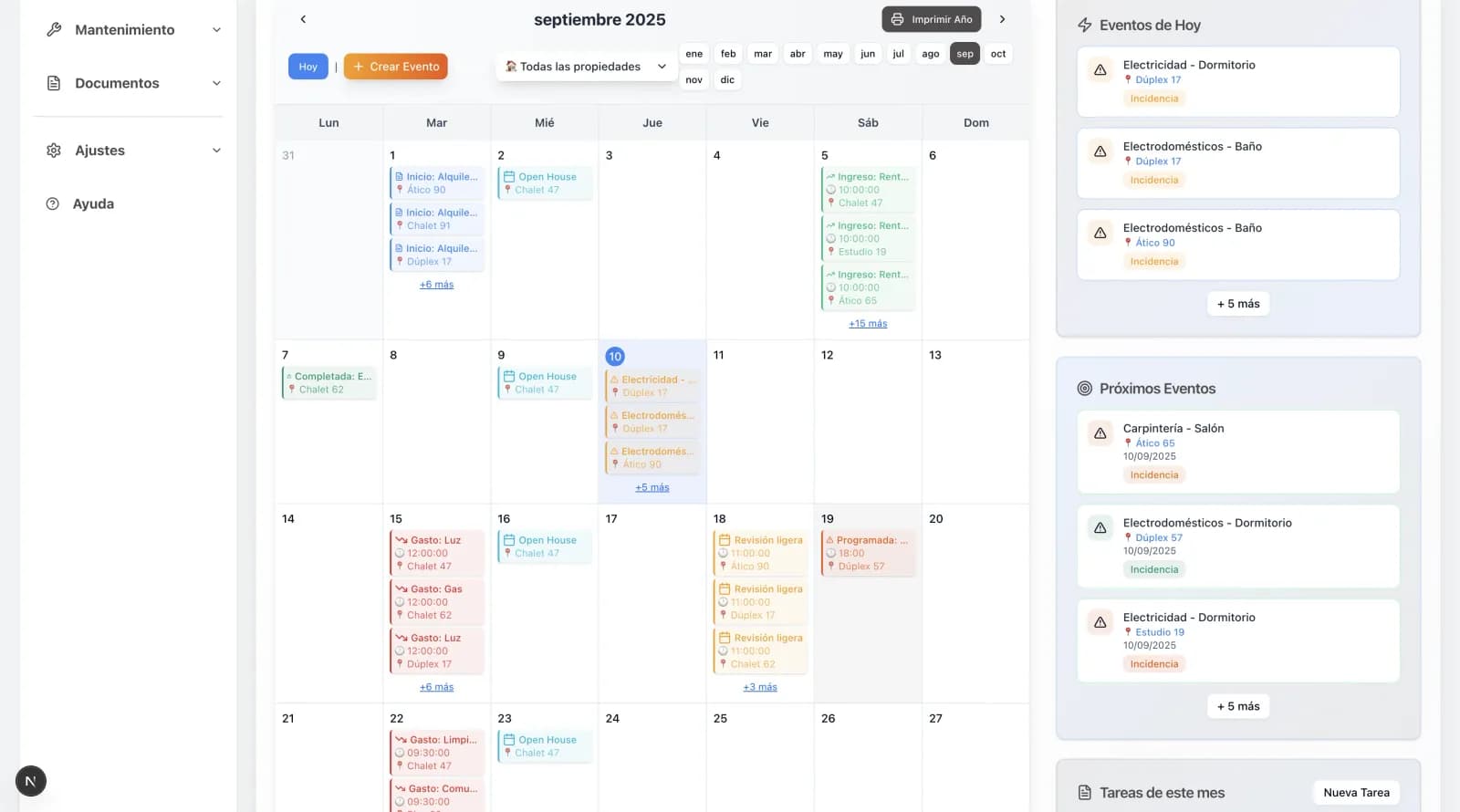 Captura de pisopro: calendario operativo de visitas y cobros — software de gestión inmobiliaria
