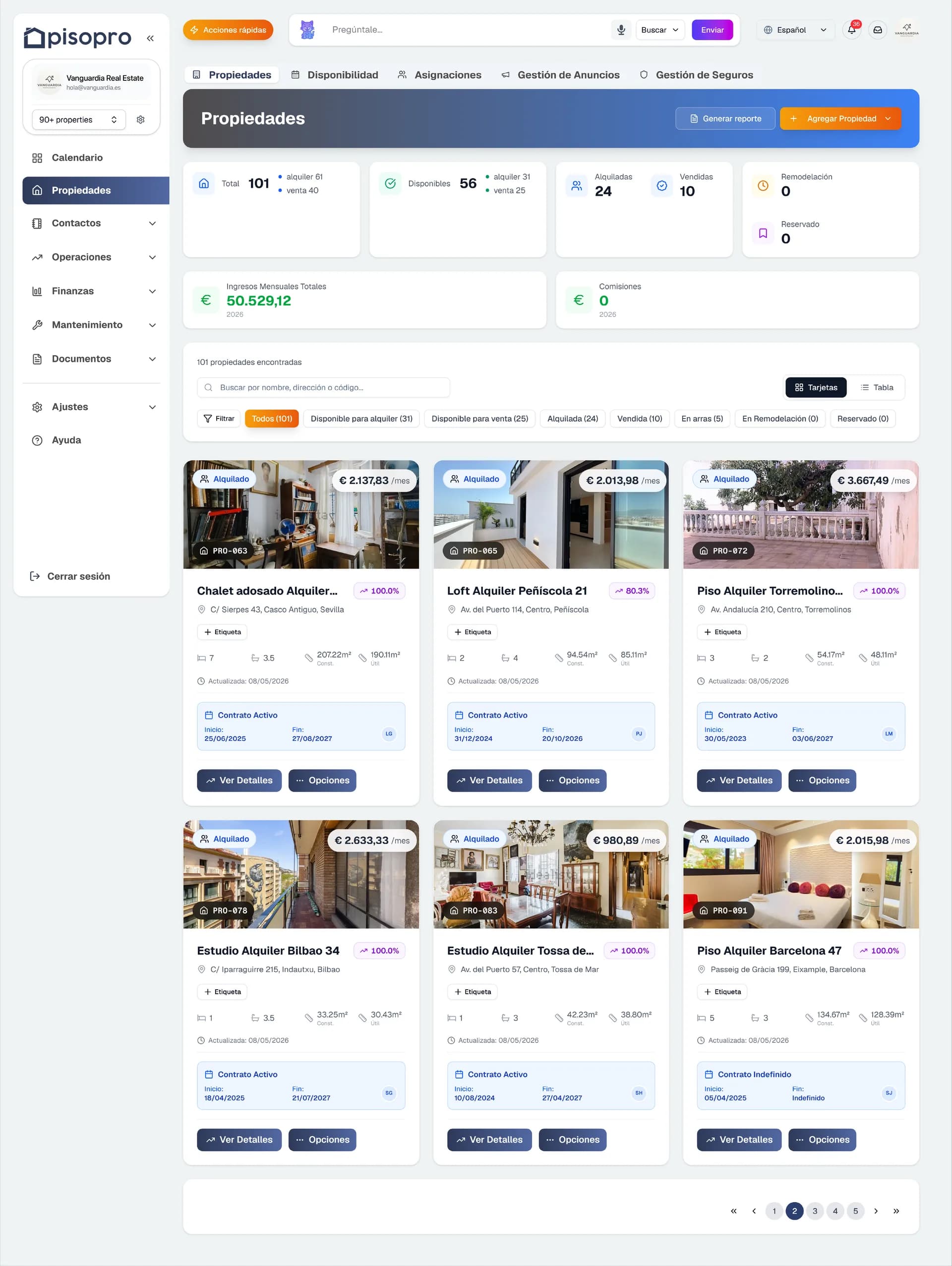 Captura de pisopro: propiedades y cartera — software de gestión inmobiliaria