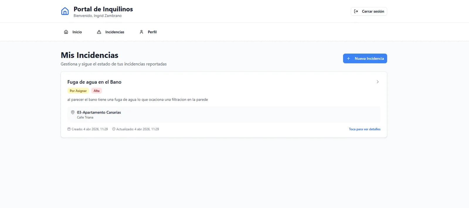 Captura de pisopro: Reportar Incidencia