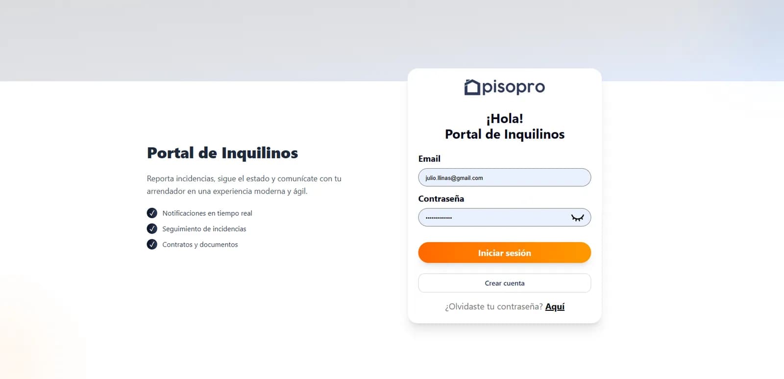 Captura de pisopro: portal del inquilino